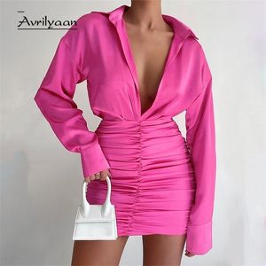 Casual Dresses Avrilyaan Rose Pleated Shirt Sexig för kvinnor Deep v Club Party Elegant Mini Summer BodyCon Vestidos 221007