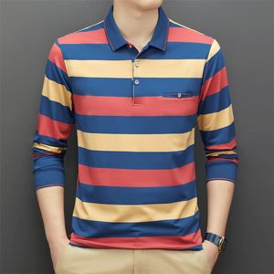 Herrpolos 95 bomullspolo skjorta för män långärmad randig höst och våren manlig polo skjorta koreansk stil kläder casual toppar skjortor 221006