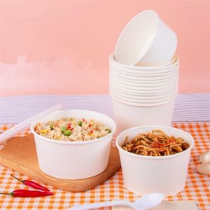 Disposable Cups Straws 50pcs/pack Large Capacity White Paper Bowl Fast Food Storage Package Plastic Lid 221007