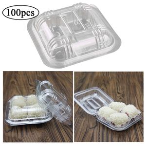 Copas descartáveis ​​falhas de palha de 100pcs caixas de embalagem de plástico com tampa transparente 4 grade de comida de comida para frutas bolo 221007