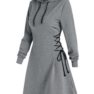 Sıradan elbiseler kadınlar uzun kollu sonbahar çizgisi dantel up mini hoodie vestidos femme gotik moda sokak kıyafeti 221007