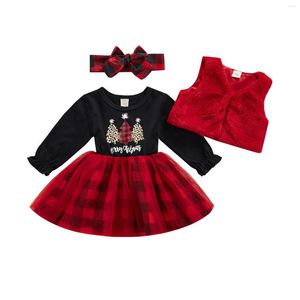 Set di abbigliamento 3 pezzi Elegante vestito da bambina Set maniche lunghe Girocollo Albero di Natale Top stampato Gonna scozzese multistrato Gilet Fascia per capelli