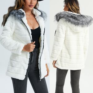 Frauen Mantel Jacke Thanksgiving Geschenk Winter Faux Fox Fur Outdoor warme Freizeit Mode Street Shot Langarm Pelzkragen Mäntel weiß grau schwarz Farbe Kapuzenjacken