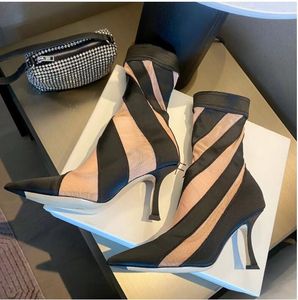 Skarpetki buty buty buty buty buty dwukolorowe Jersey Mesh Mid-Calf Pull On Elastic Point-Toe Stiletto Luksusowy projektant Mugler 10cm Factory Factory Footwear