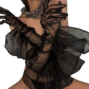 Damen- und Mädchen-Armhandschuhe, Gothic-Stil, solide Spitze, transparent, halbe Ärmel, Netz-Rüschenhandschuhe