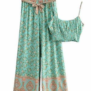 Women's Two Piece Pants Vintage Chic Women Floral Print Outfits Strap Sleeveless Tops Bohemian Suits Drawstring Pants 2 Pieces Rayon Cotton Boho Sets 221007