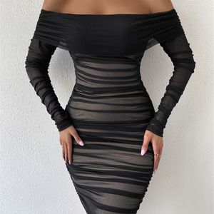 Casual Kleider Dressmecb Off Schulter Mesh Party Kleid Frauen Kleidung Sexy Club Backless Geraffte Bodycon Lange Ärmel Herbst Vestidos 221007