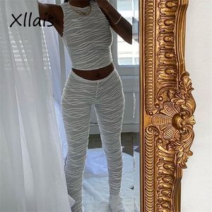 Calças de duas peças femininas xllais white moda fofa tampas sem mangas com calças lápis altas de duas peças