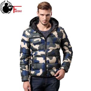 Men's Down Parkas de algodão masculino acolchoado para baixo camuflagem Camuflagem Militar Parka camuflado zíper capuz de outono casaco masculino estilo exército casual azul verde T2221006