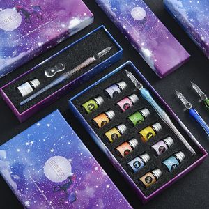 Canetas -tinteiro 13/7 PCs/conjunto Crystal Glass Starry Sky Unicorn Caligrafia Dip Pen Glitter Powder Color