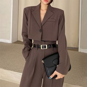 Kvinnors kostymer Blazers Office Lady Vintage Two Piece Set Women Lång ärm Kort Hög midja breda benbyxor 2 kläder 221006