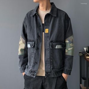 Men's Jackets Men's Summer Autumn Men Denim Korean Patchwork Streetwear Leisure Jean Jacket Black Blue Lapel Long Sleeve Fashion Jeans