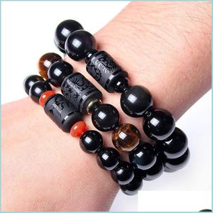 Beaded Strands Natural Obsidian Beaded Strands Luxury Designer Rainbow Eye Cylinder Bracelet Dragon And Phoenix Decorative Pattern B Dhzin