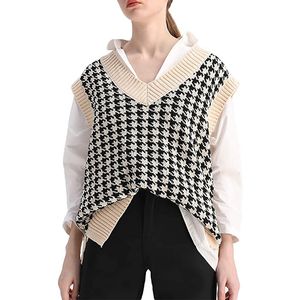 Women's Knits Tees Fashion Vintage Women Vest Sweater Houndstooth Knitted Oversized Sweaters Sleeveless Side Vents Female Pullovers Tops 221007