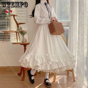 Casual Dresses Japanese Solid Color Double Layer Vintage French Ruffled A-Line kjol Hepburn Style Black White Half Female Long S 221007