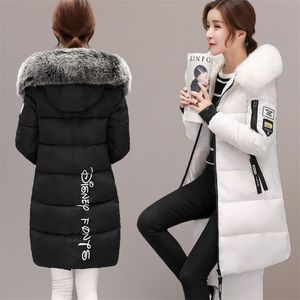 여자 파카 겨울 아웃웨어 한국의 큰 모피 칼라 아래 면화 파카 여성 슬림 중간 길이의 패션 오버 코트 따뜻한 두꺼운 wadded 재킷 코트 221007