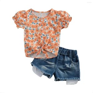 Clothing Sets Girl Set Flower Print Short Sleeve Round Neck Shirt And Denim Shorts Two-piece Suit For Birthday Party Vacation 1-6Y