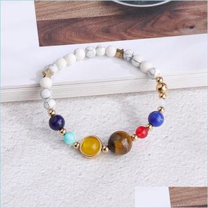 Fili di perline Bracciale a catena in pietra naturale Sistema solare Pianeti Stelle Turchese bianco Moda Stringa a mano Gioielli Bracciali da donna 3 Dholi