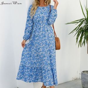 Casual Dresses Elegant Floral Print Women Spring Summer O Neck Long Sleeve Chiffon A Line Maxi Party Vestidos 221007