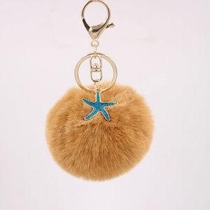 Fluffy Fur Pom Pom Starfish Keychains Faux Rabbit Hair Bulb Bag Car Ornaments Fur Ball Crystal Pendant Key Ring