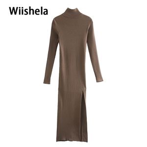 Vestidos casuais willshela mulheres mangas compridas elásticas altas midi moda elegante chic lady knit sweater robe femme 221007