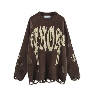 Kvinnors tröjor Vintage Alphabet Jacquard Women Autumn Style Lazy Wind Tassel Hole Par Pullover Ins Street Trend Loose 221007