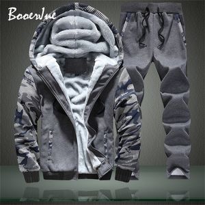 Herrspåriga vinter Tracksuits Män sätter tjocka fleece hoodiespants passar blixtlås huva tröja sportkläder set manlig hoodie sportdräkter 221006