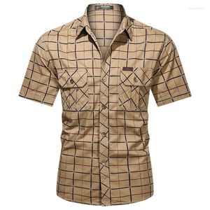 Camisas casuais masculinas de verão de manga curta do exército vestido xadrez camisa masculina camisa de algodão tático mais tamanho 5xl