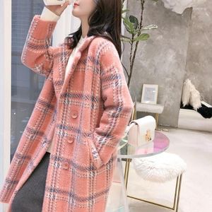 Women's Wool Women's & Blends Imitation Mink Coat Mid-length Loose Woolen For Autumn And Winter Thick Plaid Trench