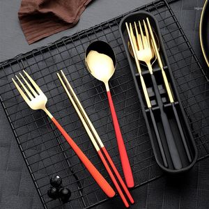 Conjuntos de utensílios de jantar 304 aço inoxidável estilo chinês viagens portátil conjunto de pauzinhos colher colher aluno escritório tableware