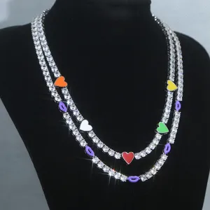 Collana a catena da tennis pavimentata con zirconi cubici da 5 mm con smalto colorato arcobaleno Cuore con ciondolo a forma di labbro Collana con ciondolo Hip Hop donna Uomo Gioielli Regali