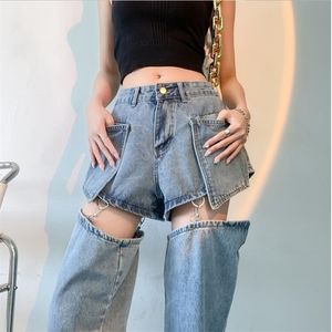 Kadınlar kot sokak kıyafeti kadın yüksek bel vintage moda patchwork denim yırtık delikler pantolon kadın harajuku gevşek geniş bacak pantolon 221007