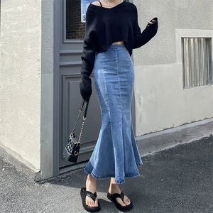 Kjolar Lucyever sjöjungfru denim för kvinnor mode split trumpet ruffles långa kvinnliga koreanska hög midja bodycon 221007