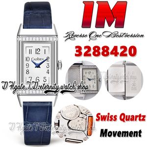 IM Reverso mg3288420 Womens Watch Swiss Quartz Movement White Texture Dial Diamonds Bezel Stainless Case Blue Leather Strap Super Edition eternity Ladies Watches