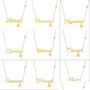 Pendant Necklaces Women Titanium Steel Twee Constellations Letter Pendant Necklace 12 Amet Zodiac Sign Necklaces Gold/Sier Colors Jew Dhw2Q