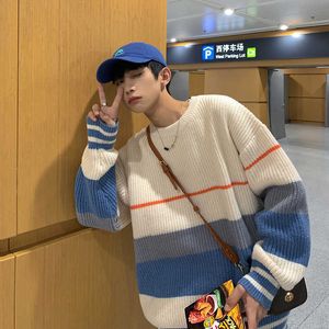 Sweaters Striped sweater men's autumn and winter fashion brand loose color matching coat versatile lazy wind thickened round neck Y2210