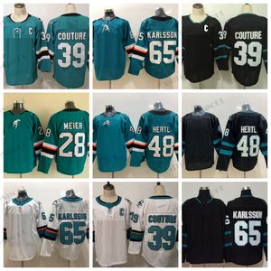 Mens Hockey'Nhl Forma 28 Timo Meier 48 Tomas Hertl 39 Logan Couture 65 Erik Karlsson Jersey Dikişli Gömlek Teal Siyah S-XXXL