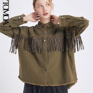 Kvinnorjackor Vintage Stylish Fringe pärlstav Löst denimjacka kappa kvinnor mode långärmad frayed trim damer ytterkläder chaqueta mujer 221007