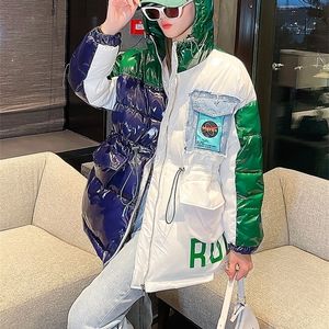 Kadınlar Down Parkas Kış Moda Hit Renkli Bir Ek Kapşak Glossy Pamuklu Padded Ceket Kadınlar Karda Kalın Sıcak Parlak Parka Ceket 221007