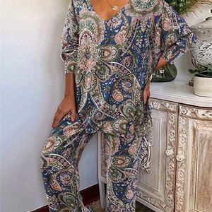 Женские брюки с двумя частями мужские годовые костюмы 2pcs Spring Bohemian v Neck Blouse Blouse Suits Sets Zanzea Womer