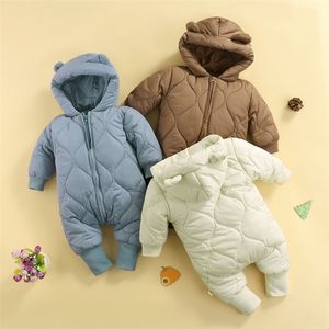 Strampler FOCUSNORM 3 Farben Winter Baby Mädchen Jungen Daunen Overall Solide Dickes Ohr Mit Kapuze Lange Ärmel Zipper Strampler Outfits 0-18M 221007