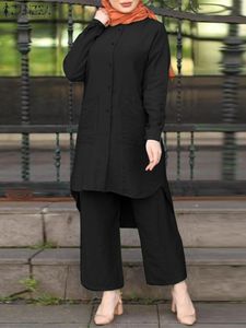 Roupas étnicas Muslim vintage Blusa de manga comprida 2pcs Suits Zanzea Sets elegantes mulheres dubai peru abaya pant hijab tracksuit 221007