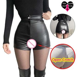 Women's Shorts Women's Woman Sexy Open Crotch PU Skinny Crotchless Mini Pants Leather Outdoor Sex Costume Seamless Zipper Flash Booty