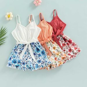 Rompers 510y Kid Baby Girls Summer Short Jumpsuits Floral Print ärmlösa ruffles bred avsugning Jumpsuit PlaySuit kläder med Belt J220922