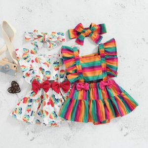 Strampler 2 Stück Kleinkind Baby Mädchen Kleidung Regenbogen Cartoon Gedruckt Overall Sommer Ärmellose Body Sunsuit Outfits Stirnband J220922