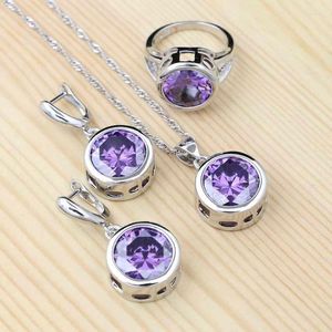 Halsbandörhängen Set 925 Sterling Silver Jewelry Purple Cubic Zirconia Bridal For Women Earring/Pendant/Necklace/Ring Mode