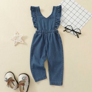 Rompers Kids Summer Siamese Pants Denim Solid Color Ruffles Vneck ärmlös Backless Jumpsuit för flickor totalt J220922