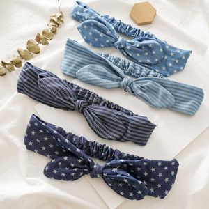 Headbands Summer Women Cute Rabbit Ears Headband Denim Cloth Star Striped Bowknot Hair Band Elastic Turban Girls Hairband Hair Accessories T221007