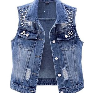 Kvinnors västar jmprs denim kvinnor väst lyxiga pärlor mode rippade höst jeans jacka ärmlös lös kortrock kausal väst 5xl 221007