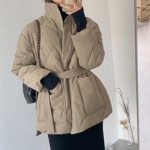 Damenjacken Frauen Obrix weiblicher Gelegenheitsstil Streetwear Warm Jacke Mandarin Kragen Lose G￼rtel Single Breasted Outerwear f￼r